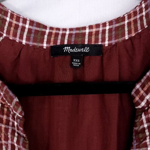 Madewell Seersucker Faux Wrap Mini Dress Size XXS Oversized Red Plaid Tiered - Picture 5 of 12